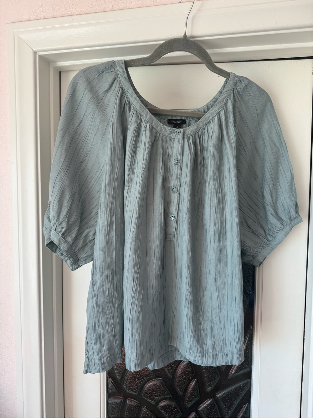 Pale Sage Green Blue Half Button-Front Peasant Blouse